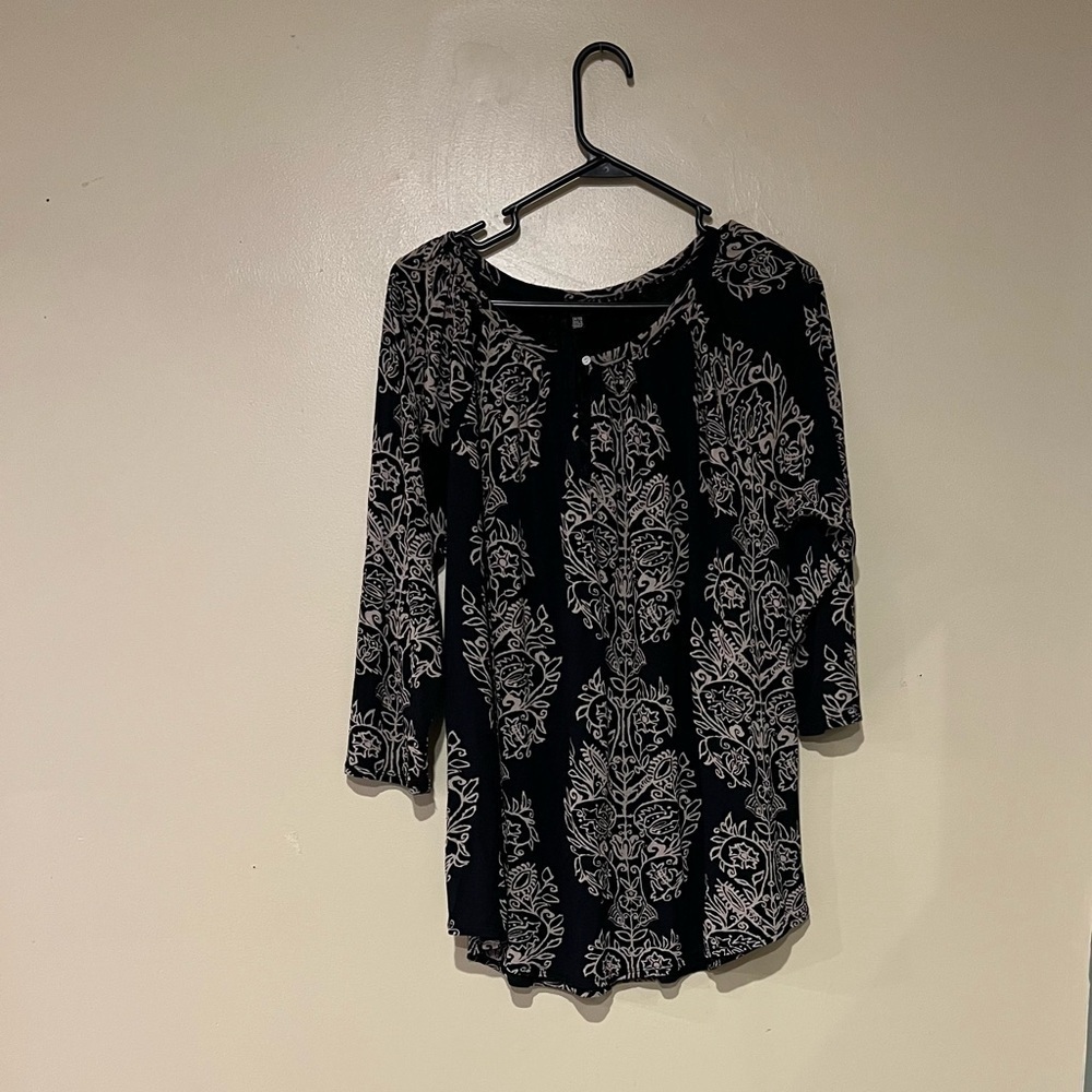 Lucky Brand Womens Blouse 1X Black Beige Floral Paisley Shirt Top 3/4 Sleeve